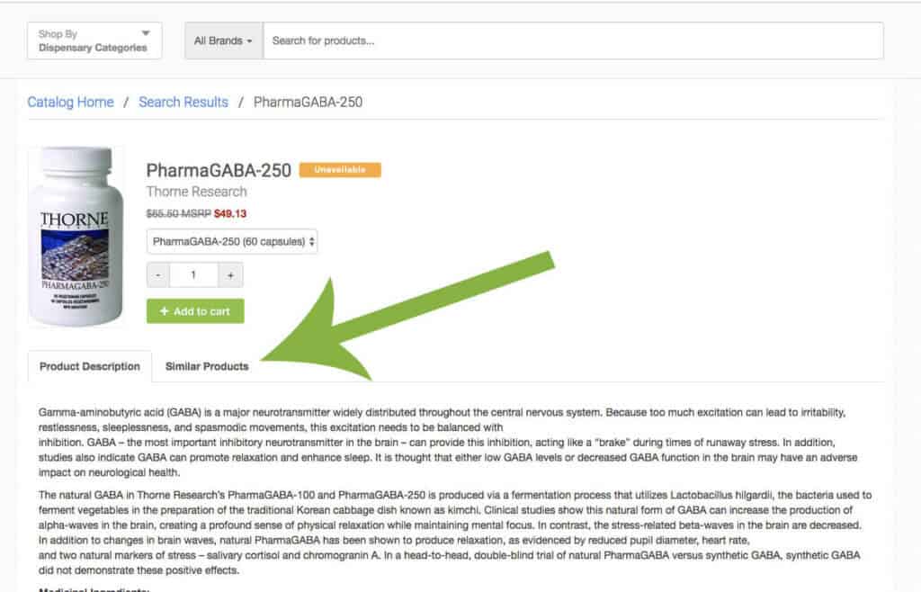 screenshot of an arrow pointing to the similar products tab in a patient view of a thorne product