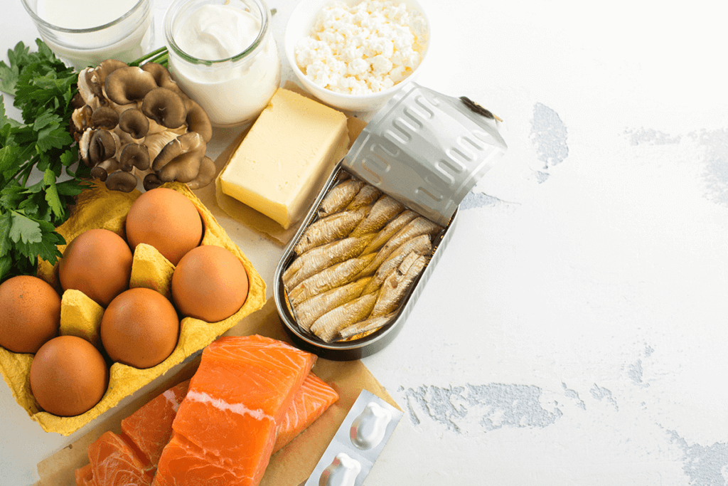 eggs. butter, raw fish, dairy products all together on table