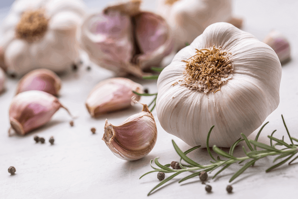 Garlic cloves and bulbs on a white table with rosemary and peppercorns