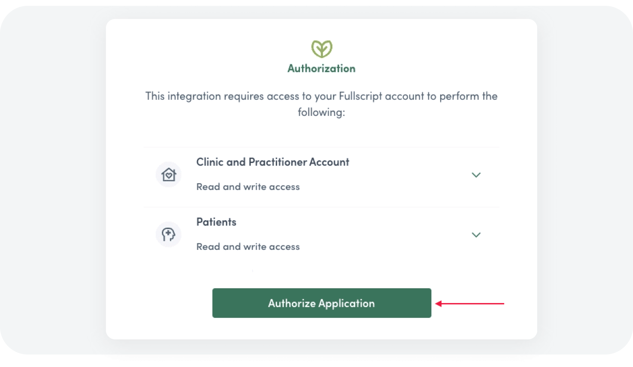 integrations partner screenshot of Fullscript authorization pop-up